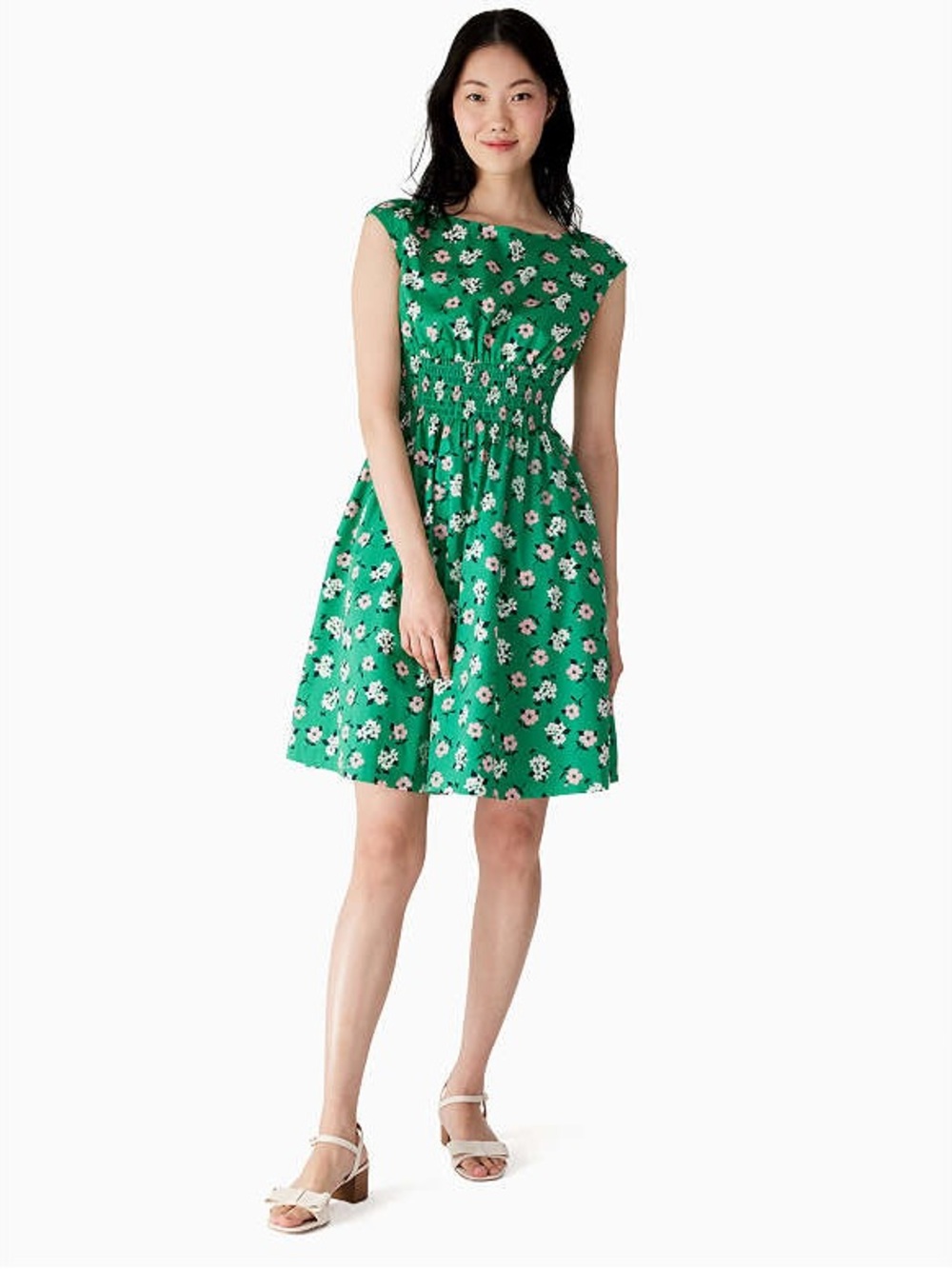 kate spade Green Floral Cap-Sleeve Smocked Waist Mini Dress